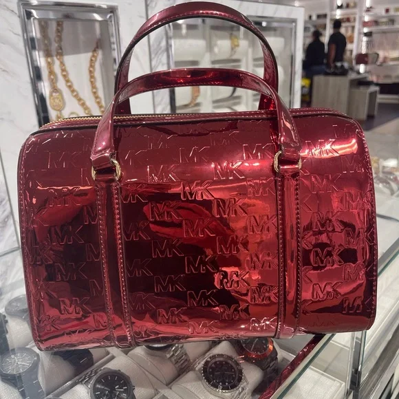 MICHAEL KORS Jet Set Medium Metallic Logo Debossed Satchel
Cherry 
NWT - Picture 12 of 16